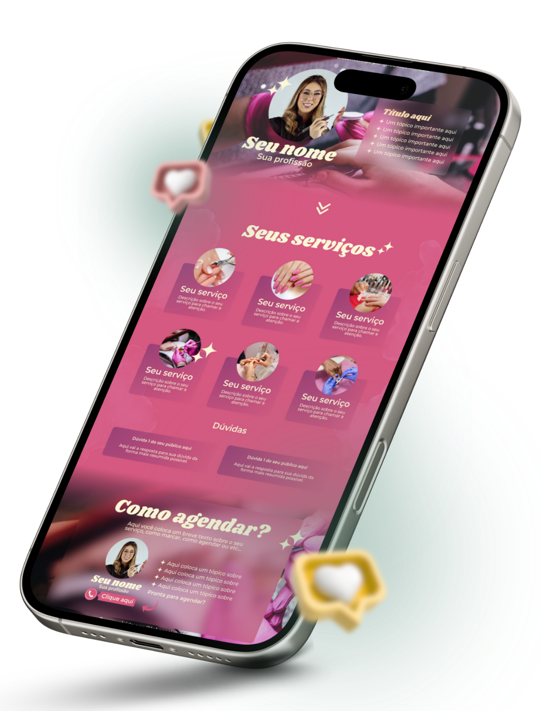 Mostrar um modelo de link na bio personalizado feito para um nail designer utilizar no Instagram profissional.