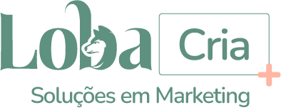 Logo da Loba Cria com a palavra “Loba” em destaque, a letra B estilizada, “Cria” dentro de uma caixa de texto transparente e a frase “Soluções em Marketing” abaixo. Identidade visual da empresa de marketing digital e social media.